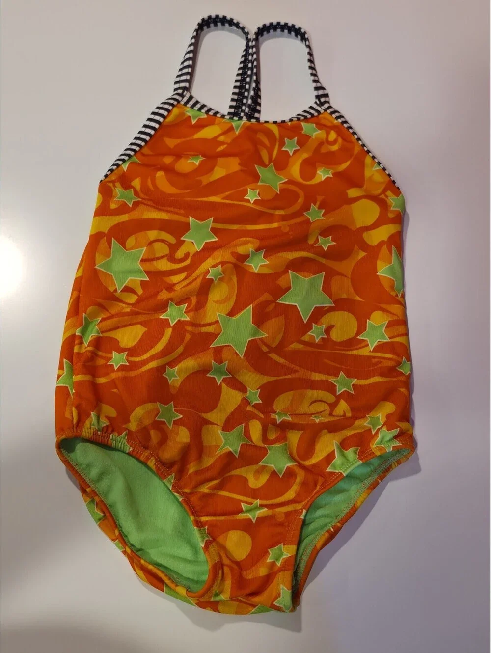 Dolfin Orange Neon Green Star Girls One Piece Swimsuit Sz 6x